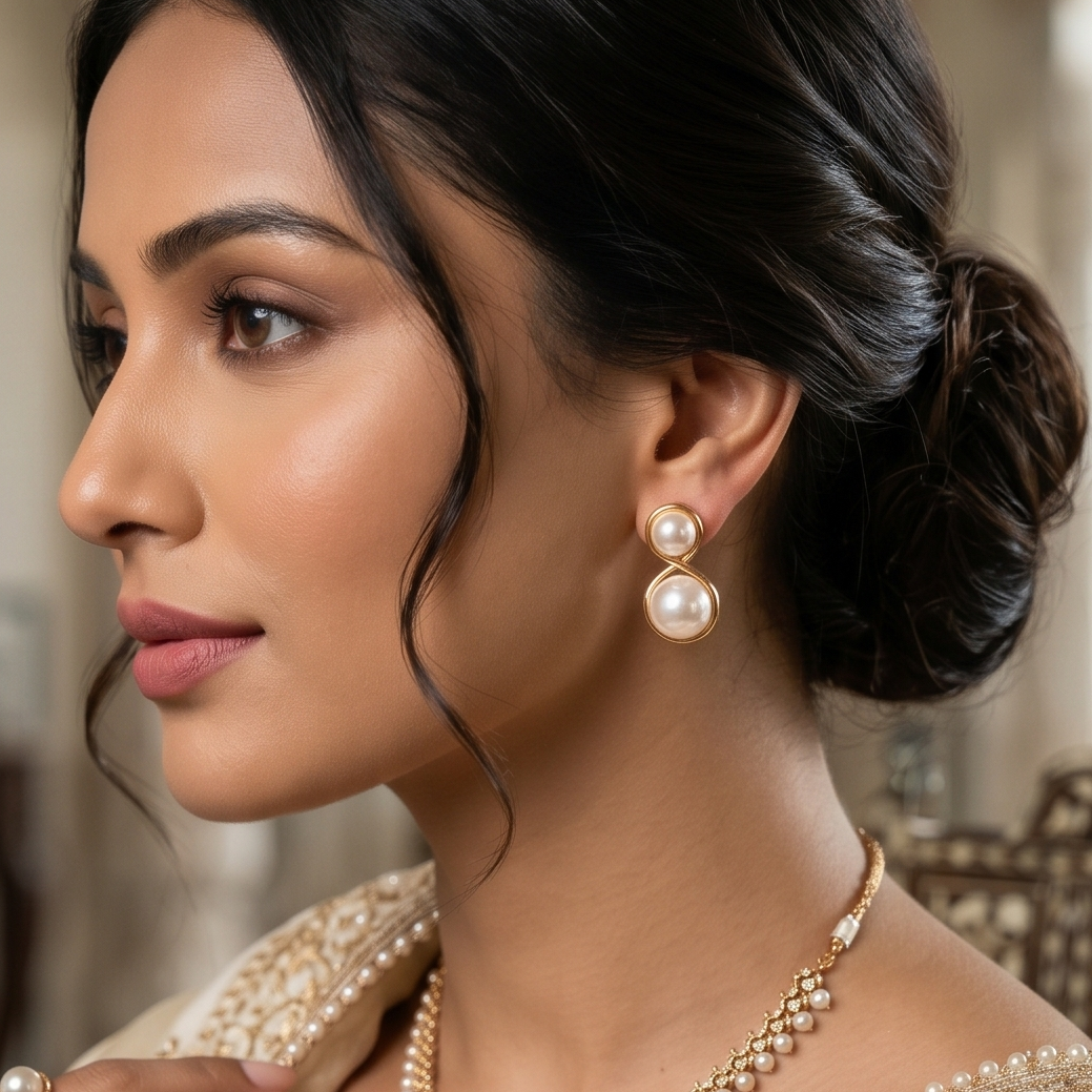 Double Pearl Gold Drop Earrings