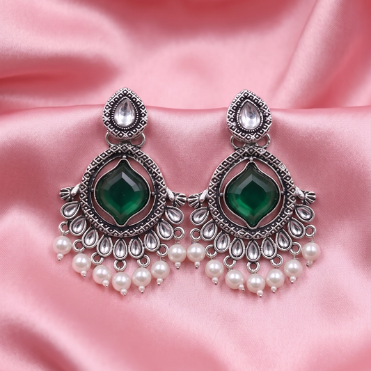 Oxidised Silver Stone & Pearl Drop Earrings – Multicolor