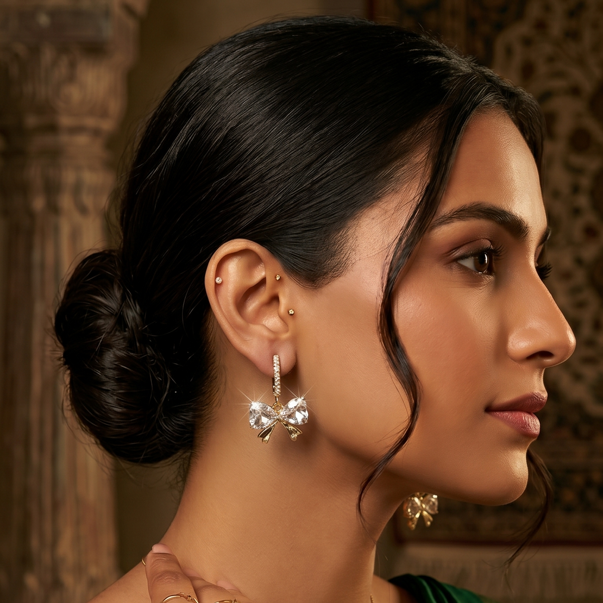Crystal Bow Hoop Earrings – Gold & Silver