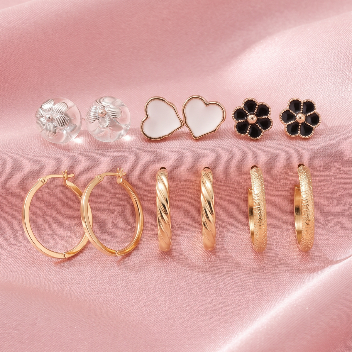 Trendy Gold-Tone 6 Pairs Floral, Heart & Hoop Earrings Combo Set for Women