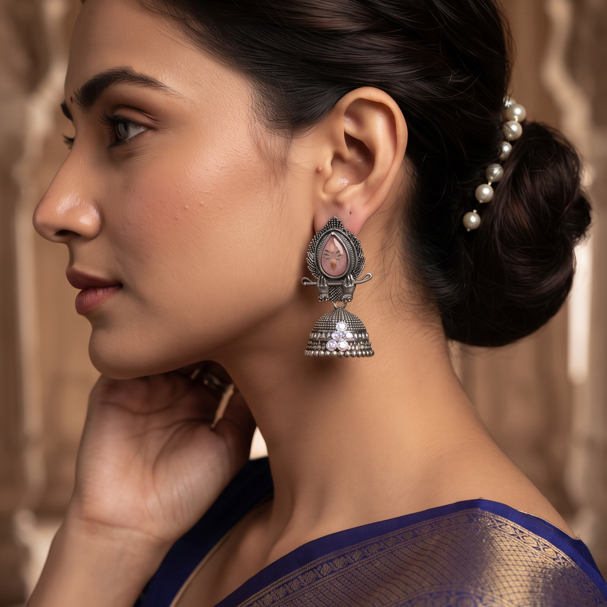 Traditional Oxidised Silver Pink Floral Jhumka Earrings with Sparkling Stone Detailing