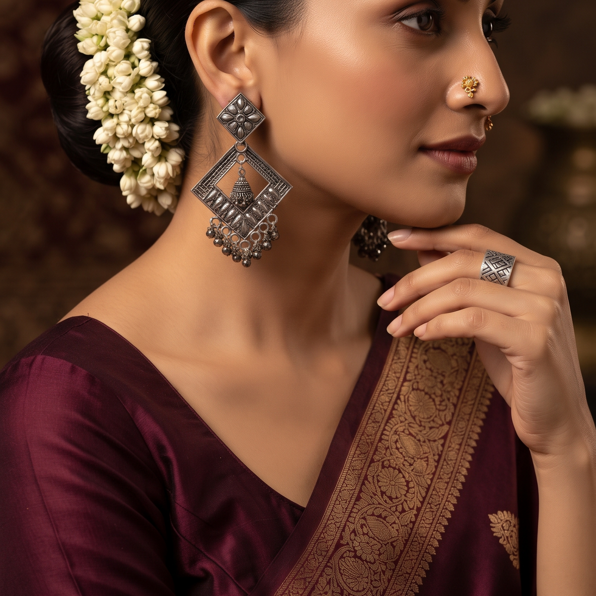 Oxidised Silver Geometric Square Jhumka Drop Earrings for Women