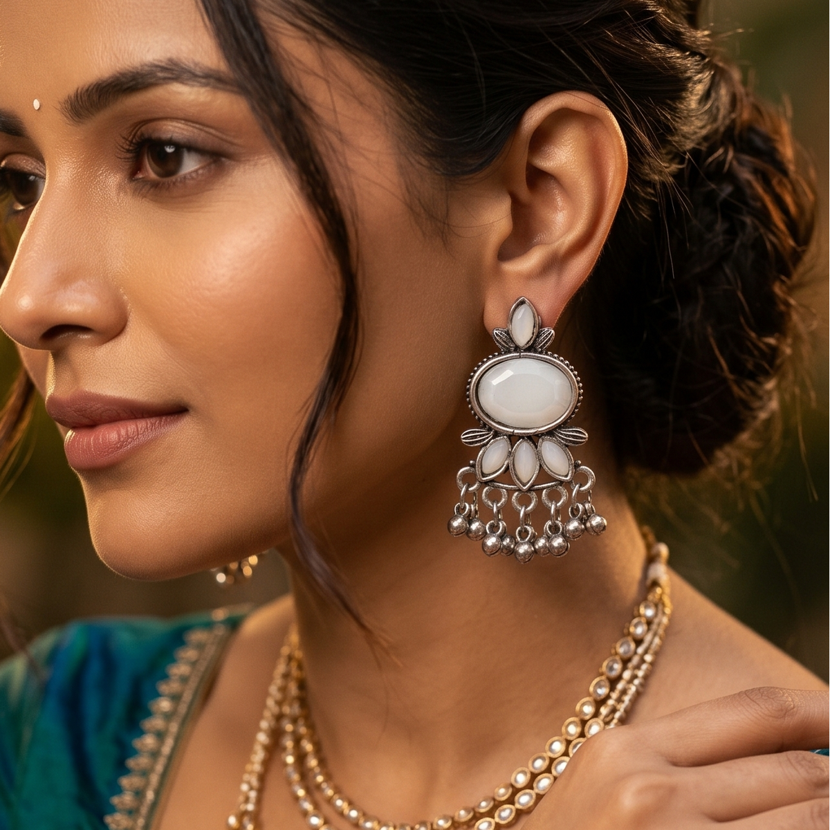 Oxidised Silver White Stone Ghungroo Drop Earrings