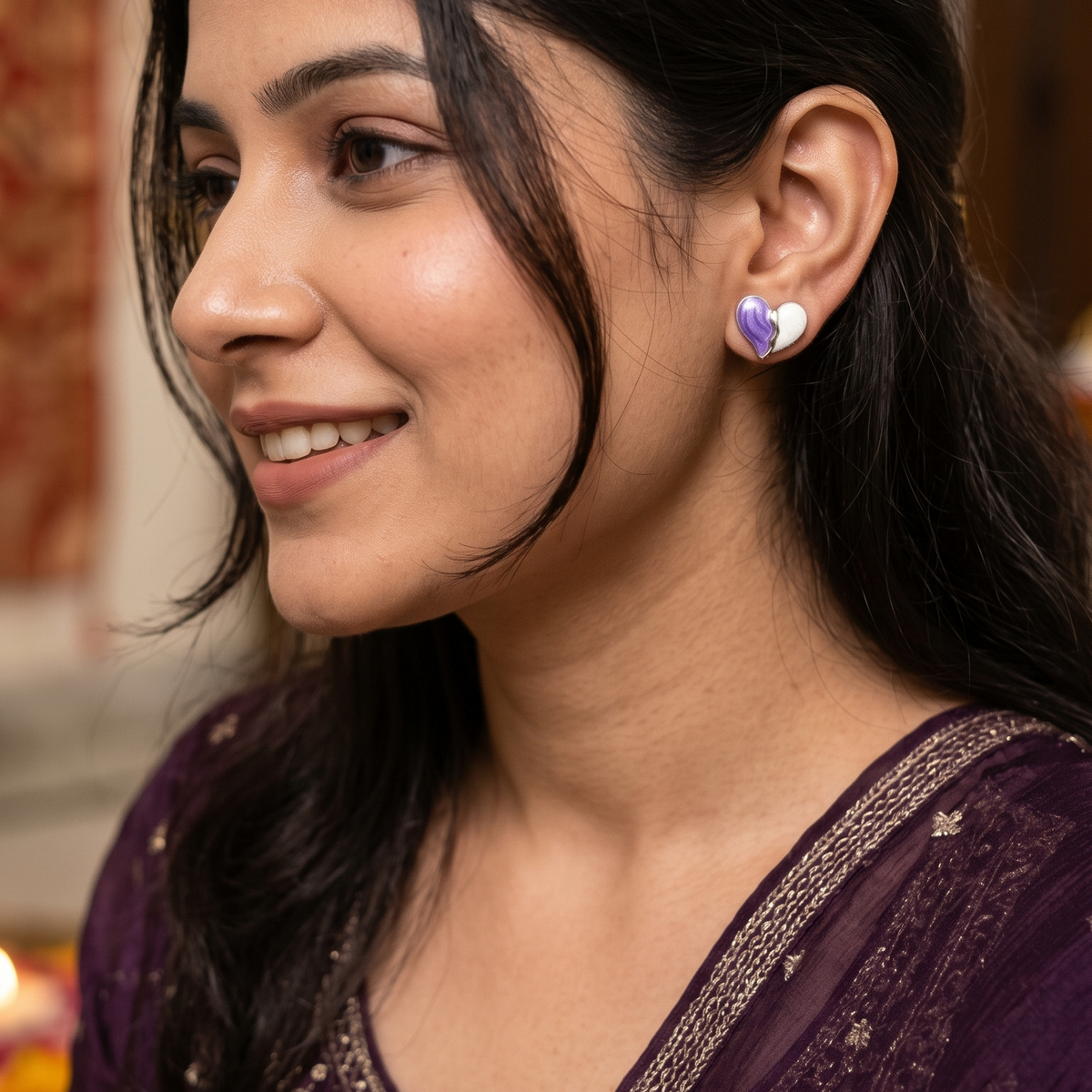 Purple & White Dual Heart Stud Earrings