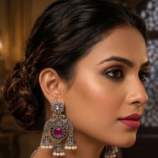 Oxidised Silver Peacock Chandbali Jhumka Earrings with Pearl Drops