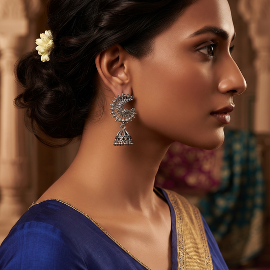 Oxidized Silver Peacock Jhumka Earrings for Women