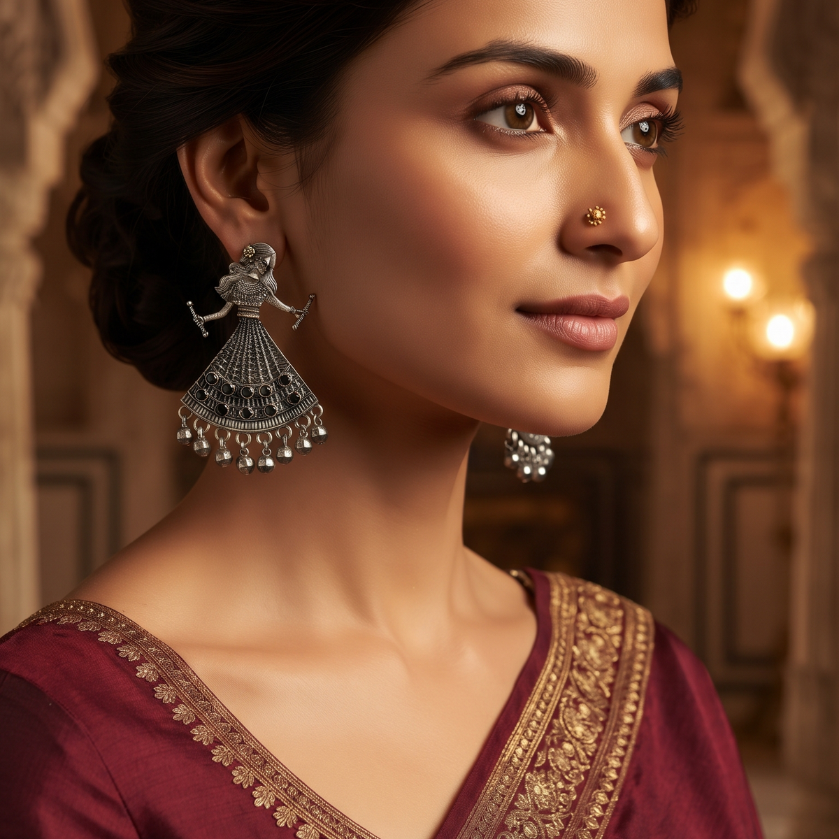 Traditional Oxidised Silver Dancing Girl Earrings with Ghungroo Drops