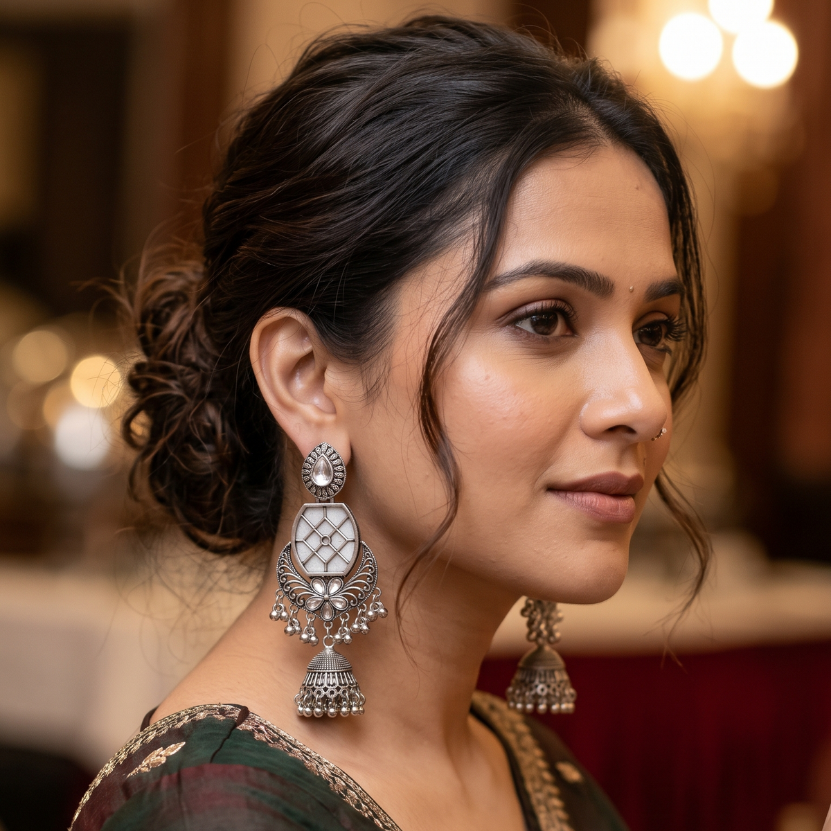 Traditional Oxidised Silver Mirror Work Jhumka Earrings with Floral Design & Ghungroo