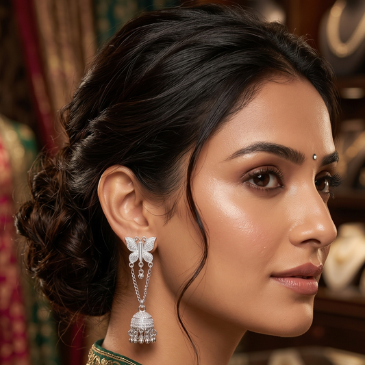 Silver Butterfly Chain Jhumka Earrings