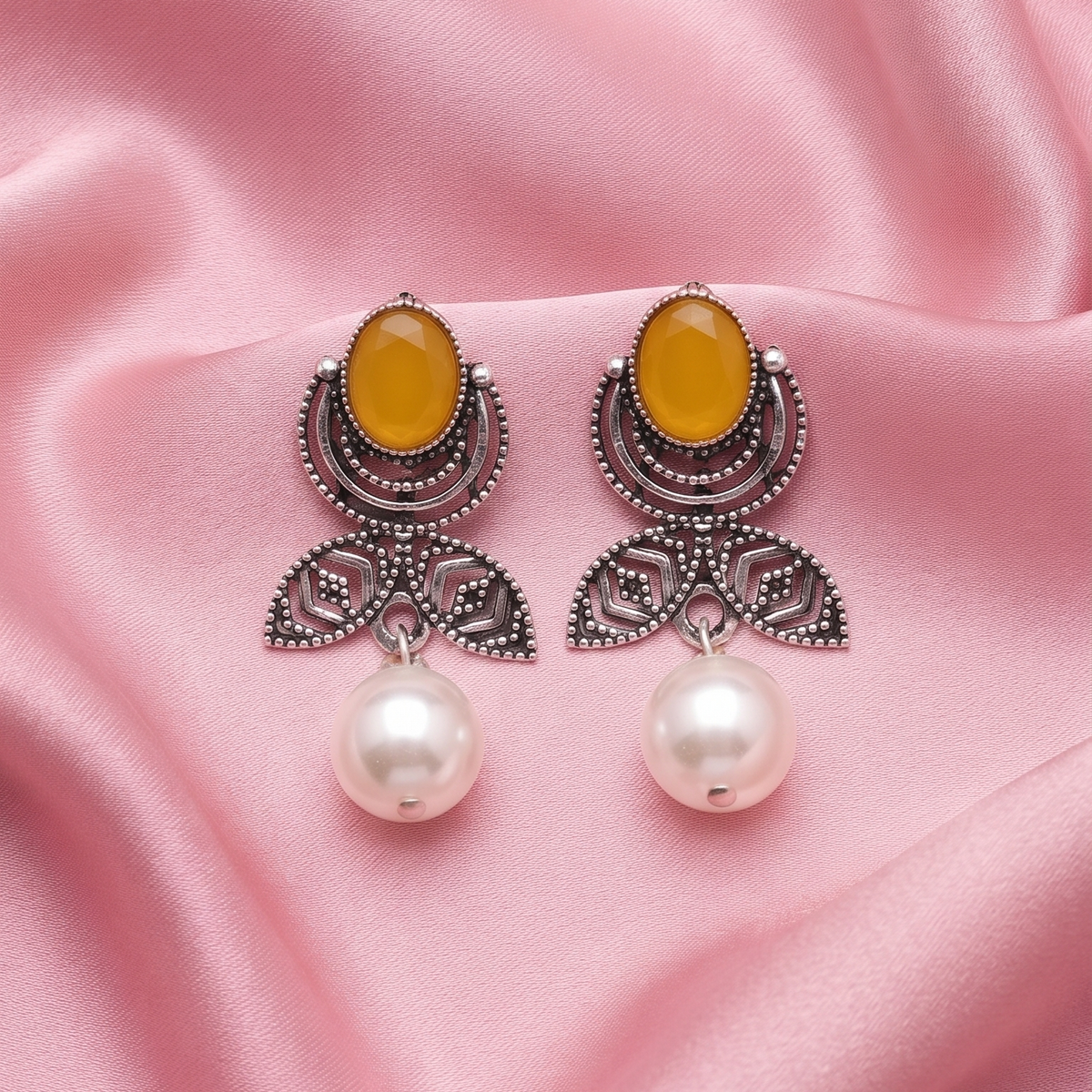 Oxidised Silver Multicolor Stone Pearl Drop Earrings