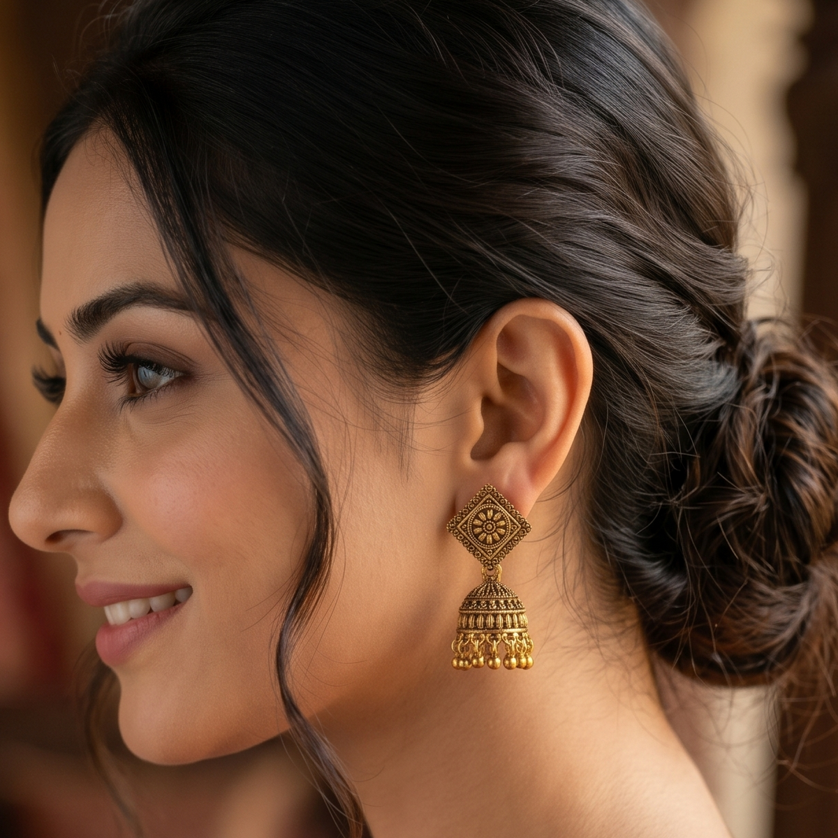 Antique Gold Oxidised Floral Square Jhumka Earrings