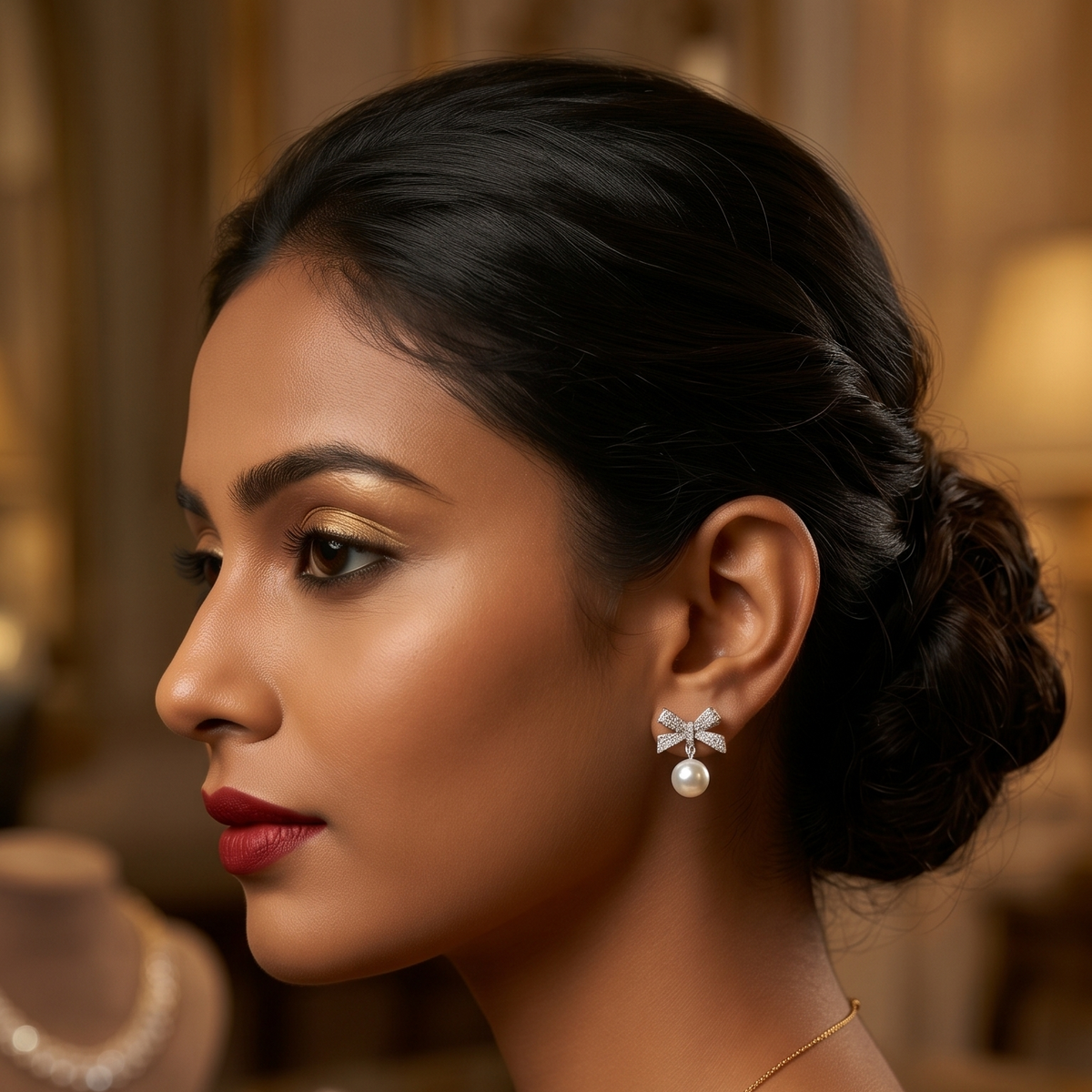Silver Crystal Bow Pearl Stud Earrings