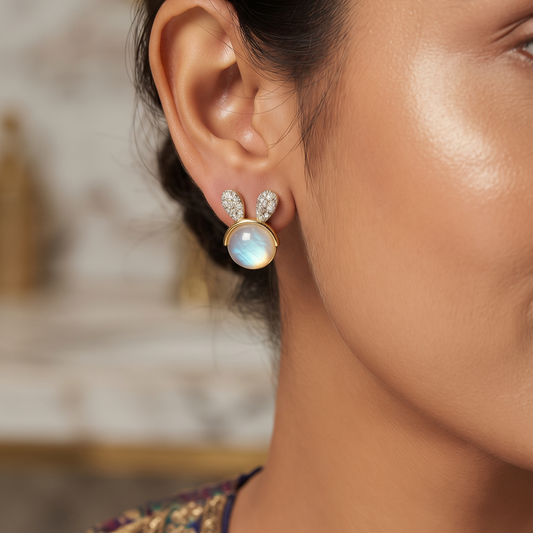 Golden Bunny Ear Stud Earrings with Pearl Finish & Crystal Detailing