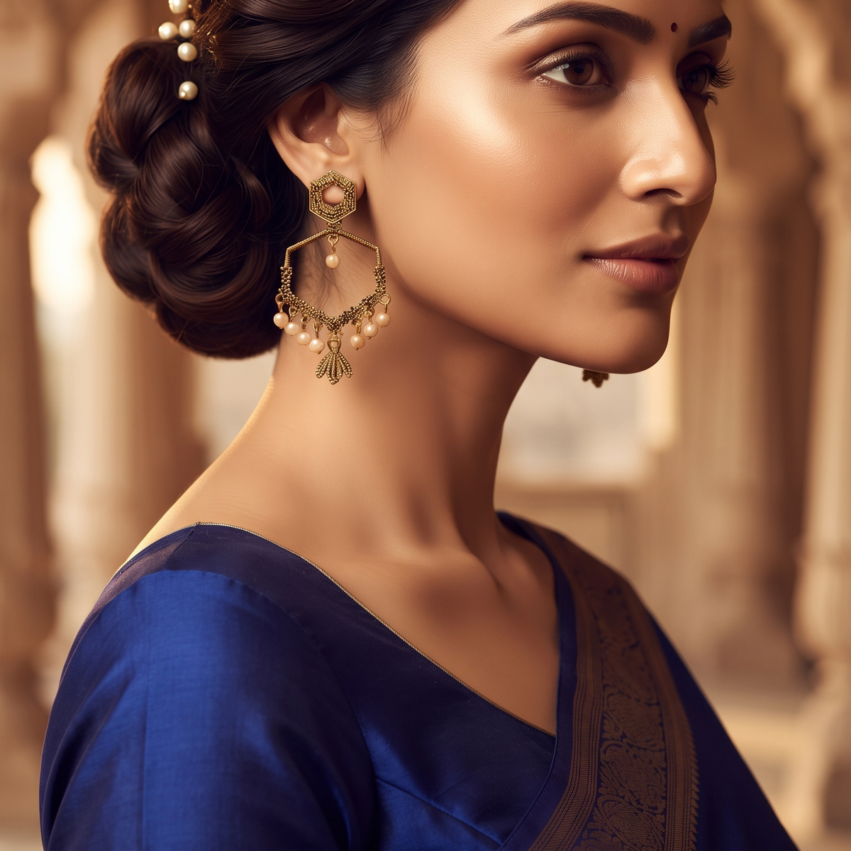 Traditional Antique Gold Hexagonal Chandbali Earrings with Pearl Drops