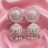 Silver Rainbow Crystal Jhumka Earrings with Multicolor Beads