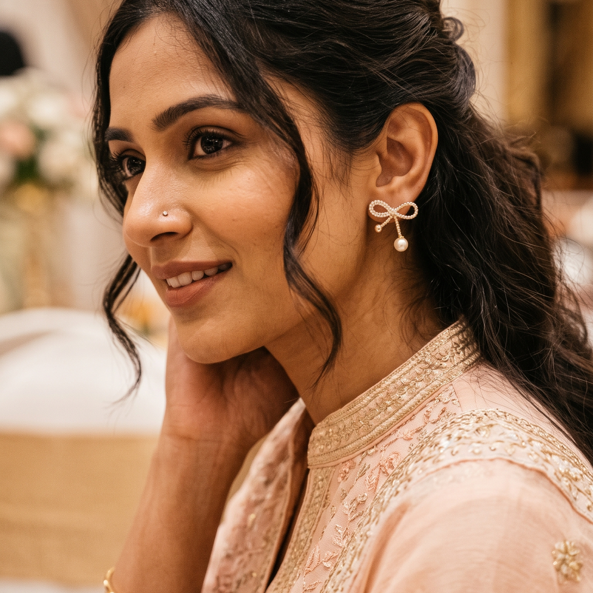 Elegant Gold-Plated Crystal Bow Earrings with Pearl Drops
