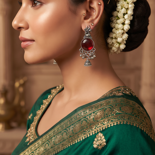 Red Stone Peacock Design Oxidised Silver Jhumka Earrings