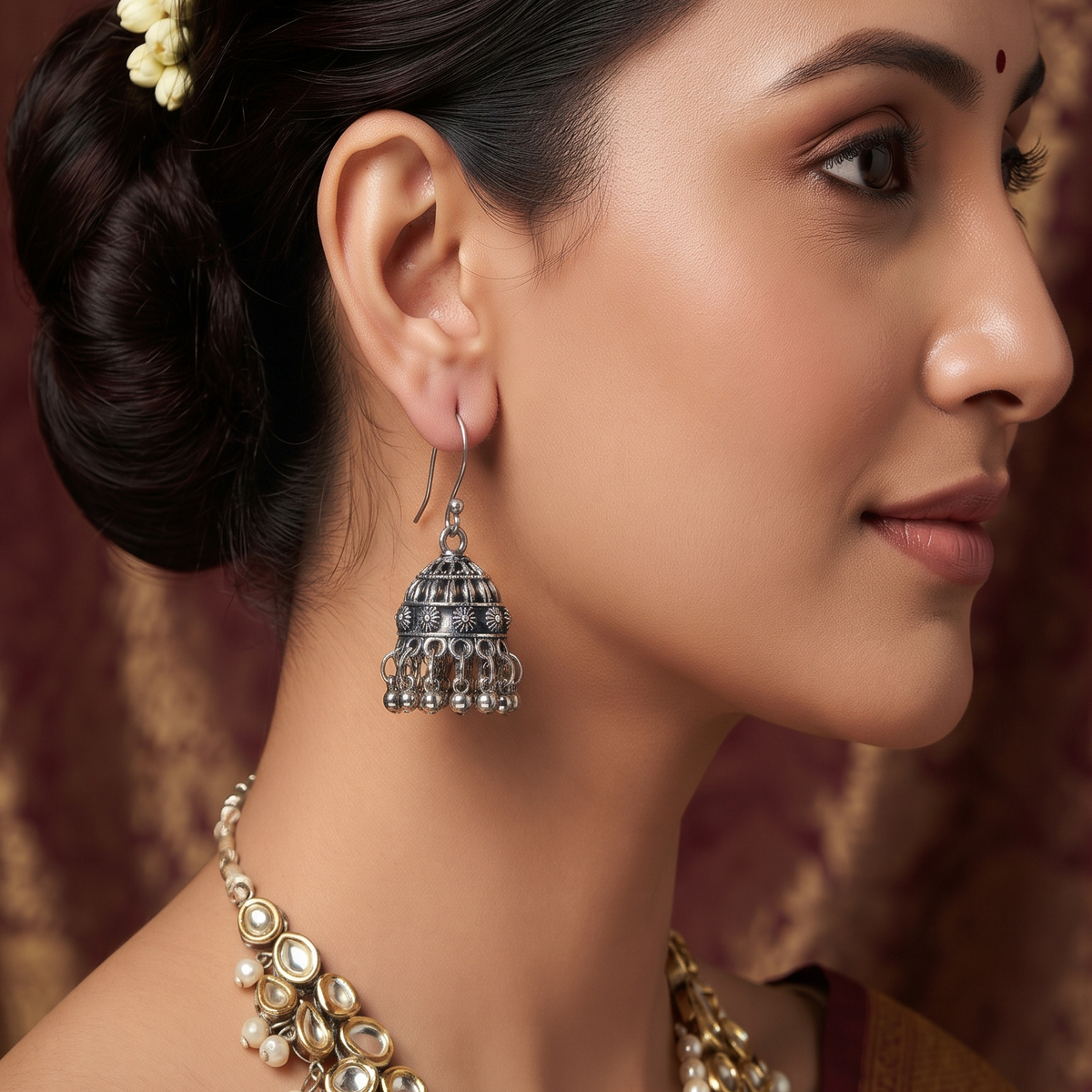 Traditional Oxidised Silver Floral Jhumka Drop Earrings with Ghungroo Detailing for Women