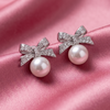 Silver Crystal Bow Pearl Stud Earrings