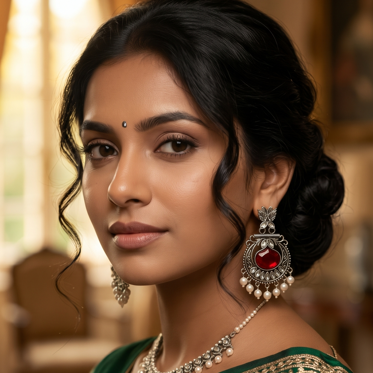 Oxidised Silver Peacock Kundan Pearl Drop Earrings