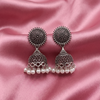 Oxidised Silver Sunburst Jhumka Earrings with White Pearl Drops