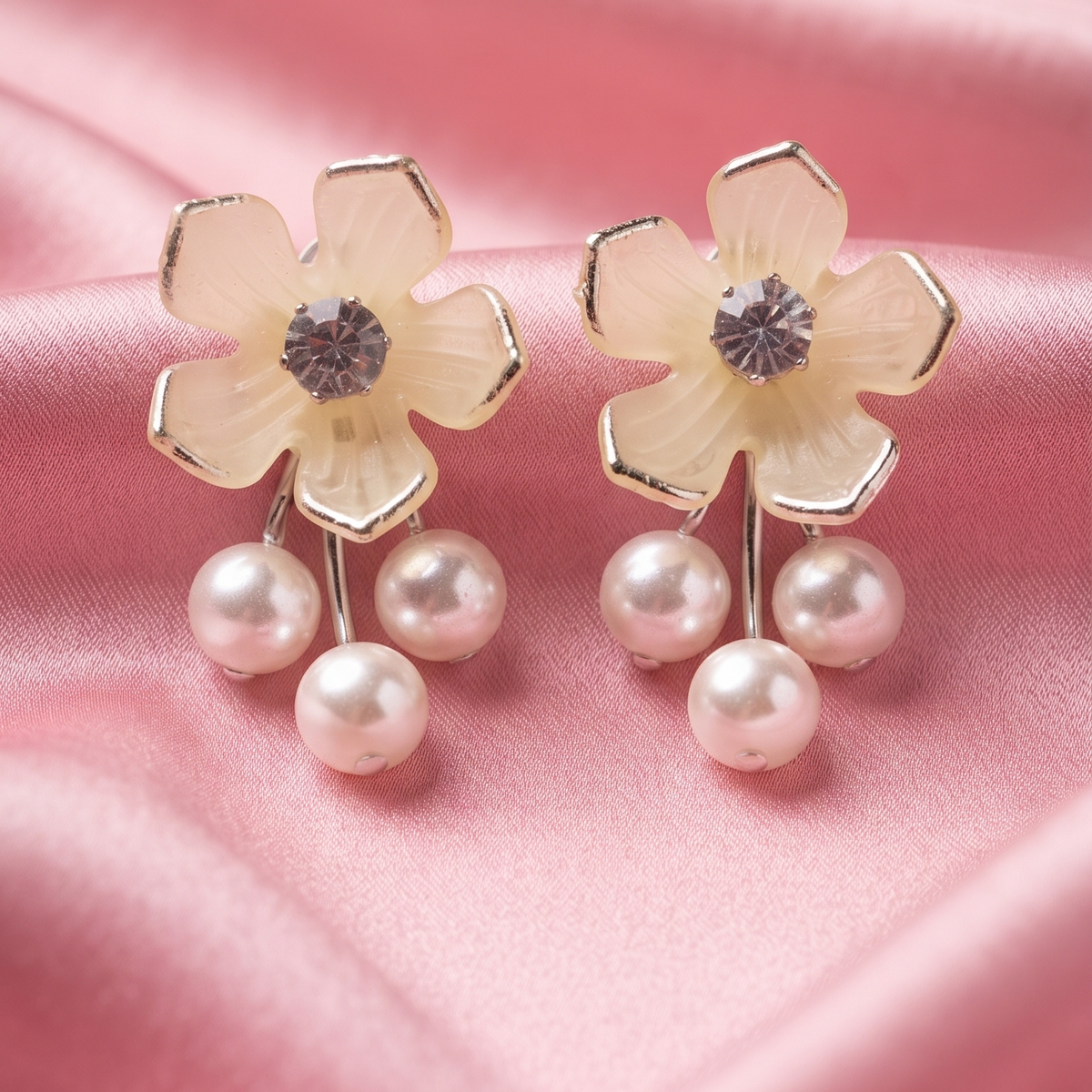 Elegant Floral Crystal Stud Earrings with Pearl Drops for Women