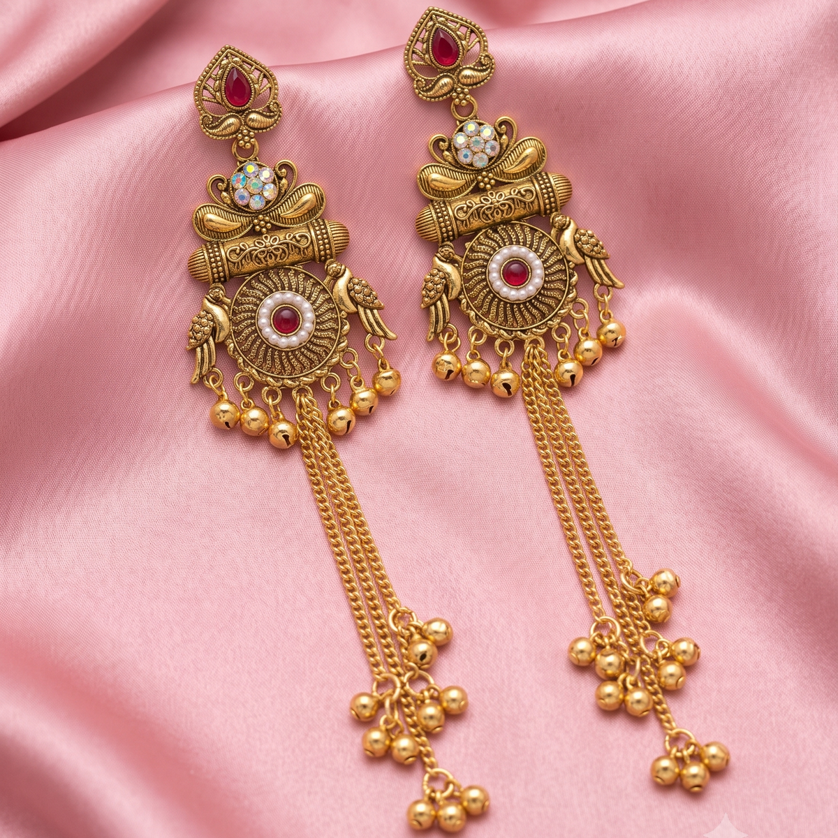 Antique Gold Stone Tassel Earrings