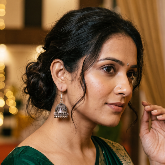 Traditional Oxidised Silver Dome Jhumka Earrings with Ghungroo Detailing