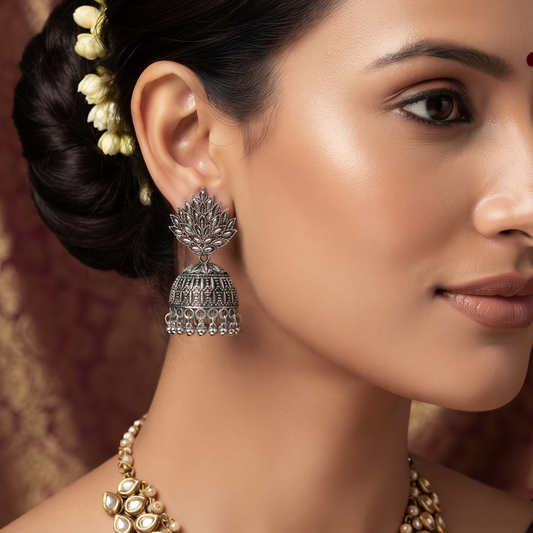 Antique Silver Oxidised Peacock Design Jhumka Earrings for Women