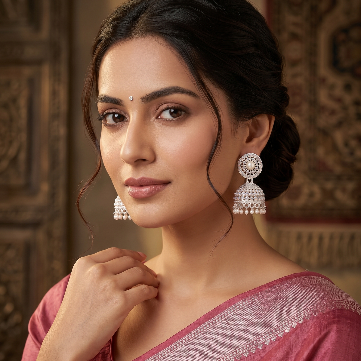 Silver Pearl Stone Jhumka Earrings