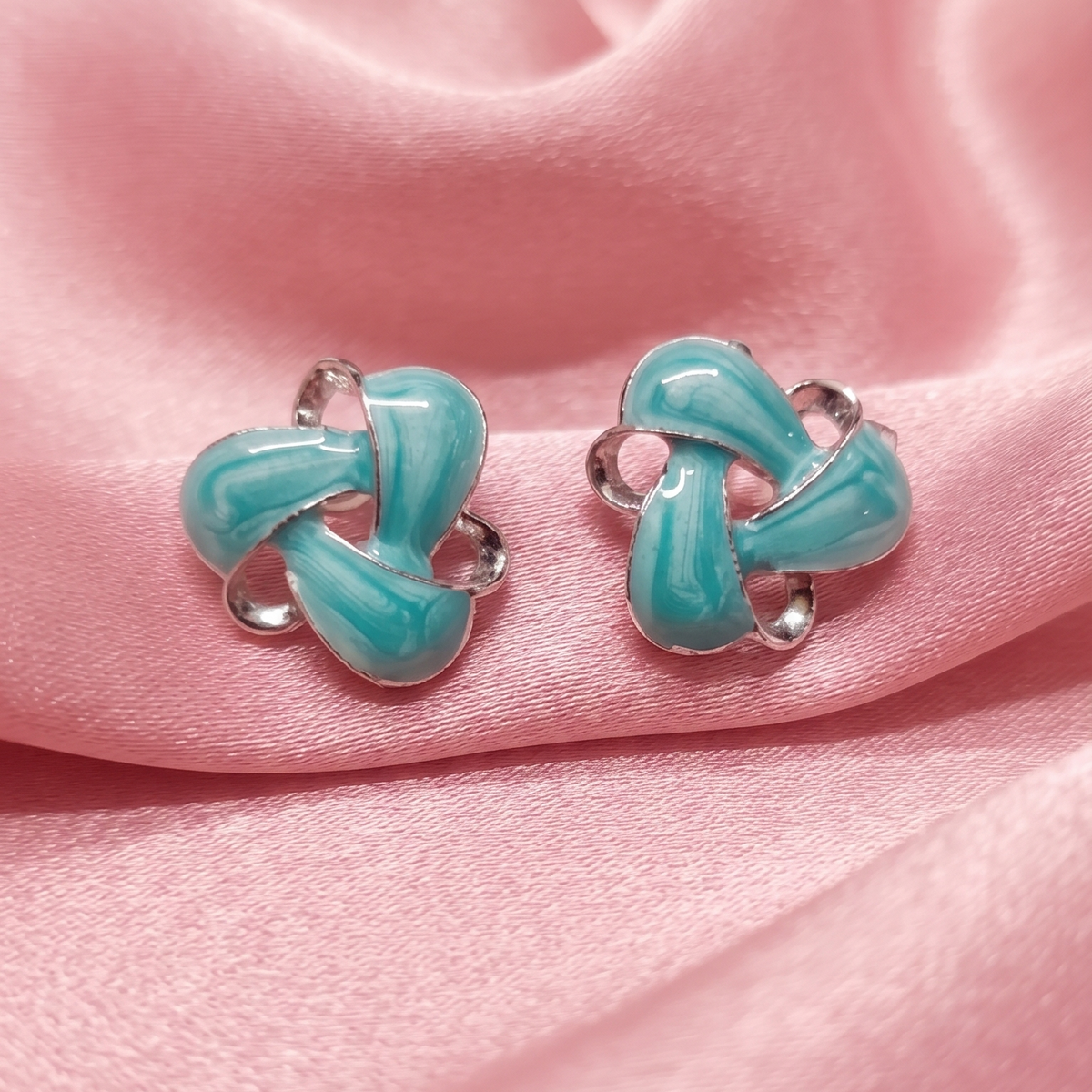 Turquoise Enamel Knot Stud Earrings with Silver-Tone Finish for Women