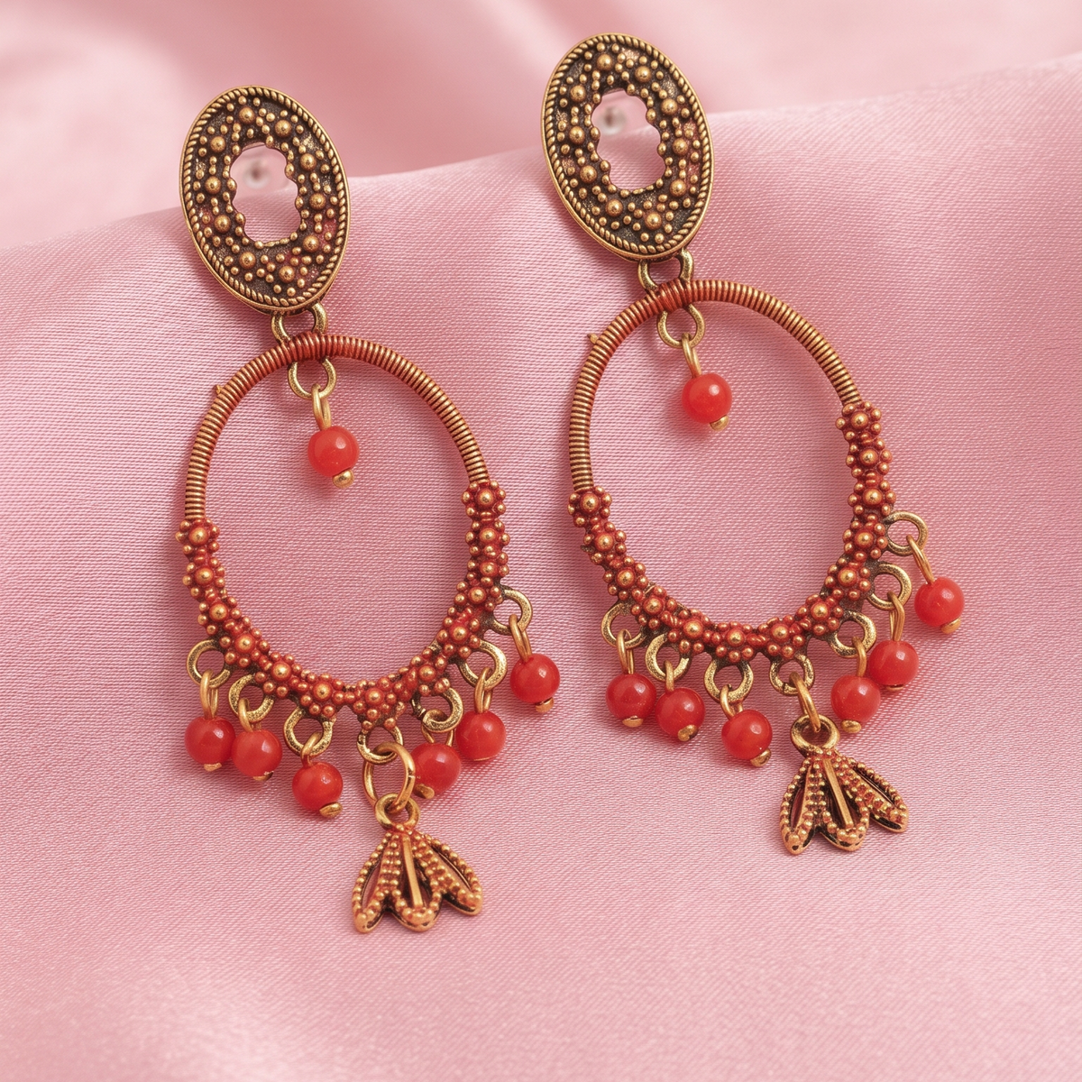 Antique Gold Green Beaded Chandbali Earrings