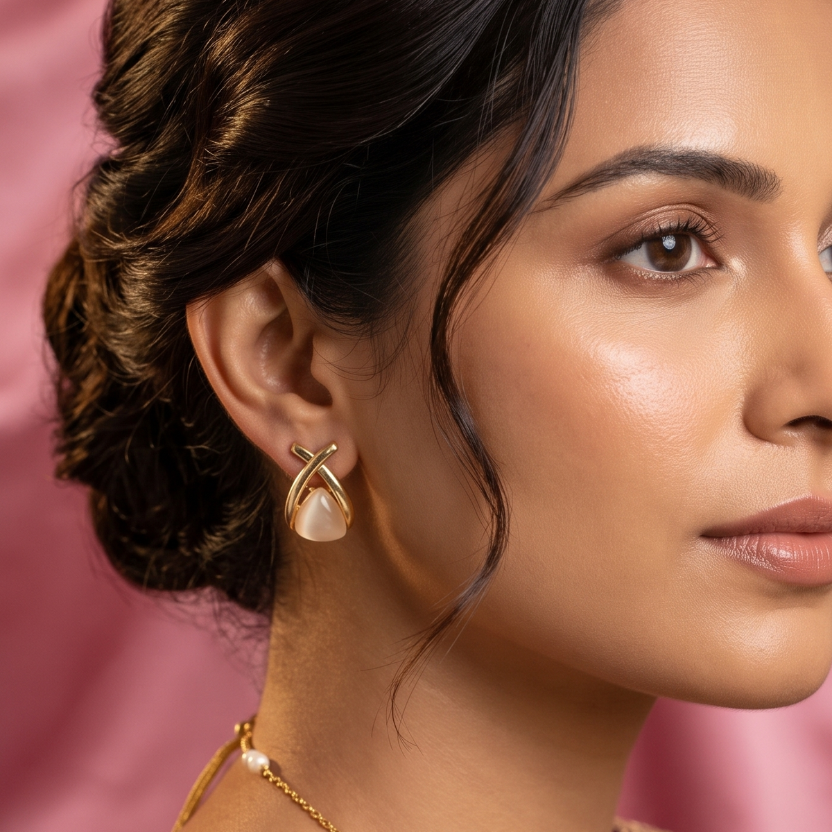 Gold-Tone Triangle Stud Earrings with Cream Stone