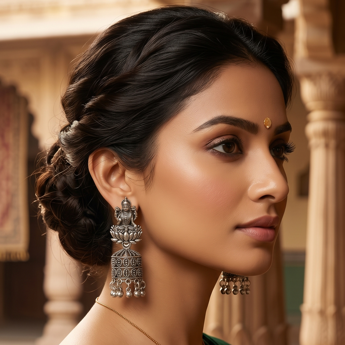 Oxidised Silver Lakshmi Lotus Jhumka Earrings