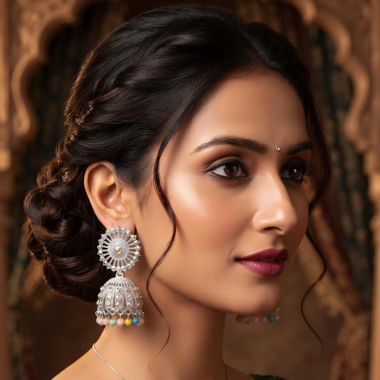 Silver Rainbow Crystal Jhumka Earrings with Multicolor Beads