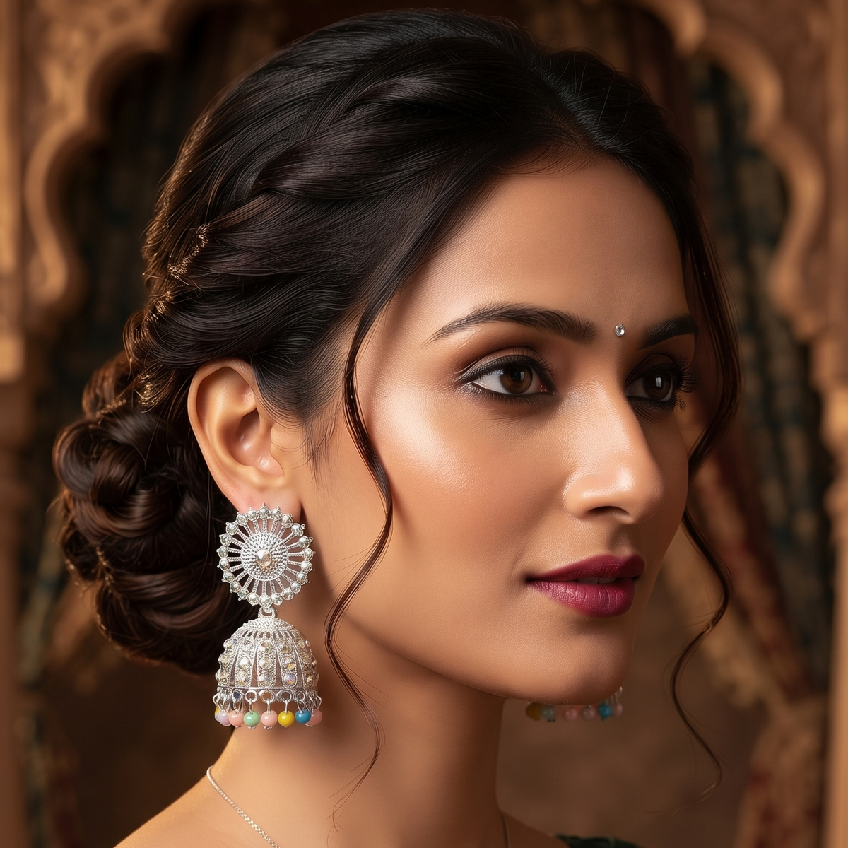 Silver Rainbow Crystal Jhumka Earrings with Multicolor Beads