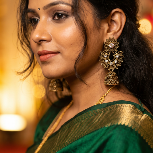 Traditional Antique Gold Floral Chandbali Jhumka Earrings with Crystal Stone Detailing