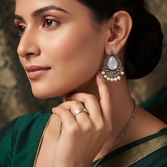 Traditional Oxidised Silver White Stone Teardrop Earrings with Pearl Beads for Women