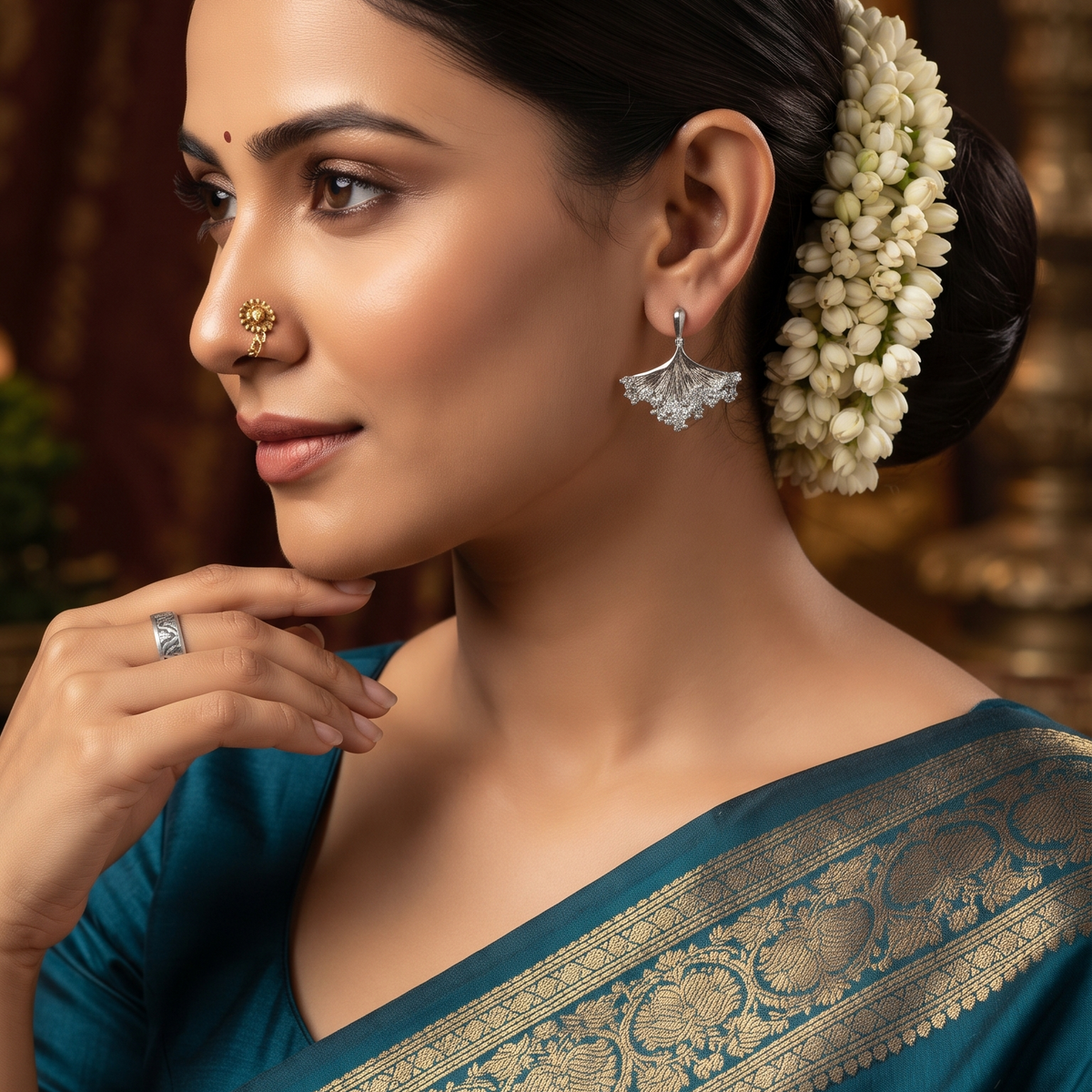 Modern Silver-Plated Crystal Leaf Stud Earrings