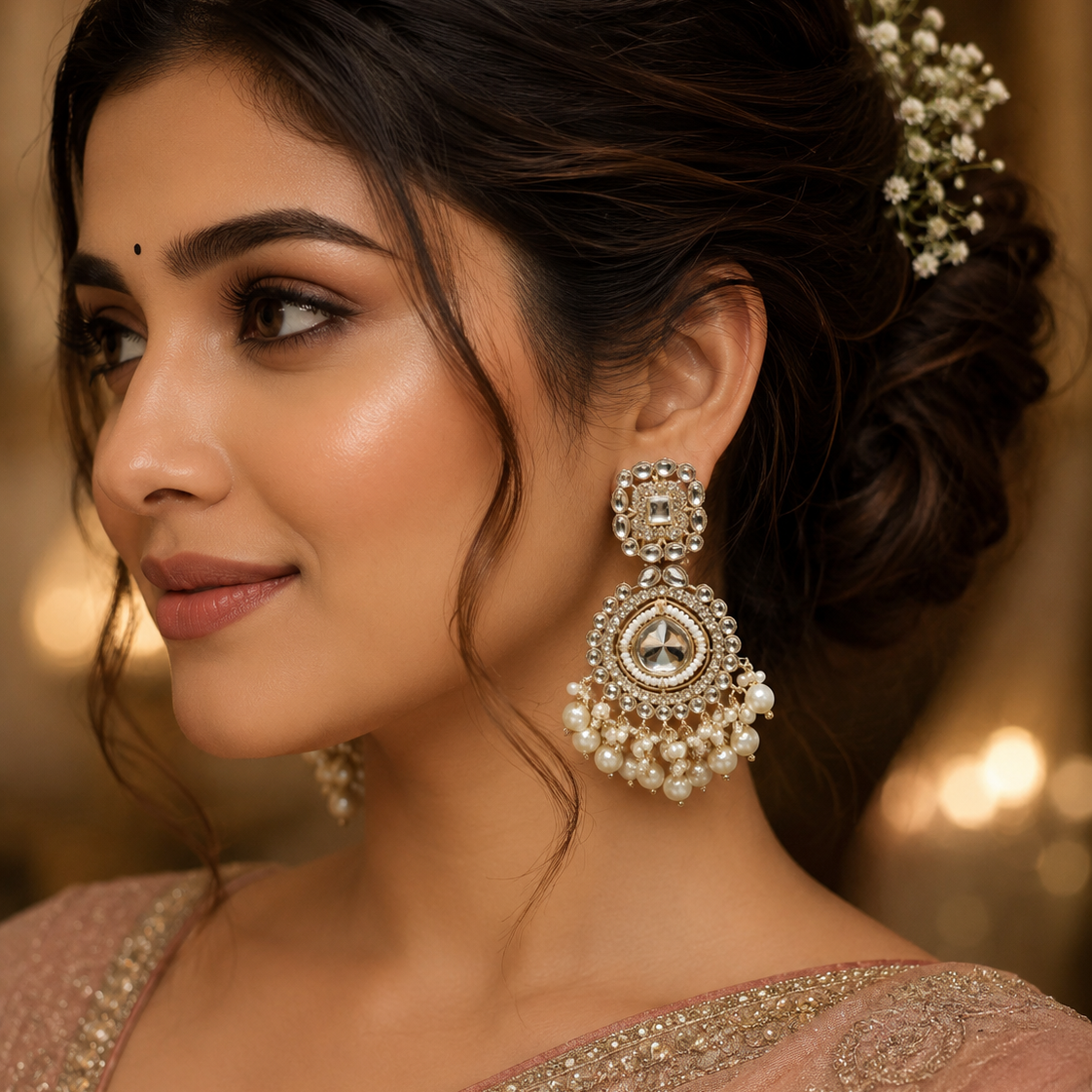 Kundan Pearl Chandbali Drop Earrings