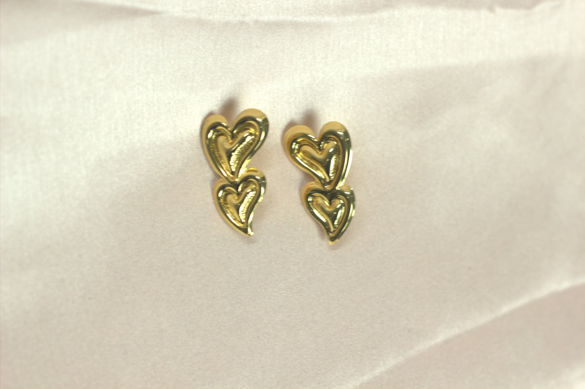 Multi-Heart Drop Stud Earrings - Unique Layered Love Earrings in Gold