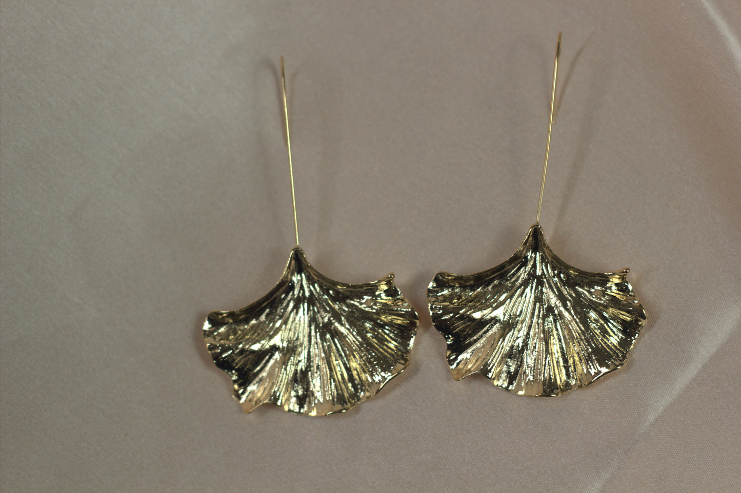 Textured Gold Fan Earrings - Minimalist Long Wire Leaf Dangles | BME