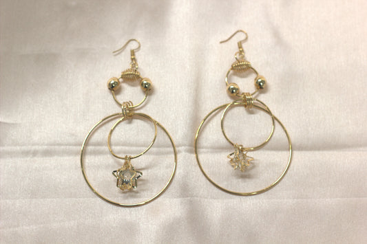 Elegant Gold-Tone Multi-Hoop Drop Earrings with Crystal Charm- Stainless Steel