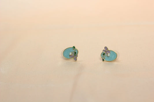 Mint Green Enamel Flower Studs - Artistic Painterly Earrings with Pearl