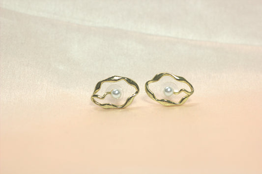Abstract Molten Gold & Floating Pearl Stud Earrings