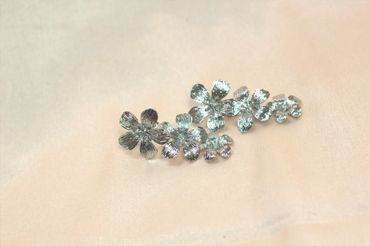 Silver Triple Bloom Climber Earrings – Textured Floral Studs- Stainless Steel