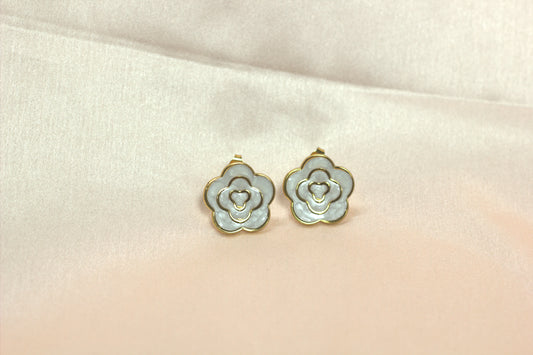 White Camellia Blossom Studs – Layered Gold & Enamel Flower Earrings