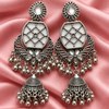 Traditional Oxidised Silver Mirror Work Jhumka Earrings with Floral Design & Ghungroo