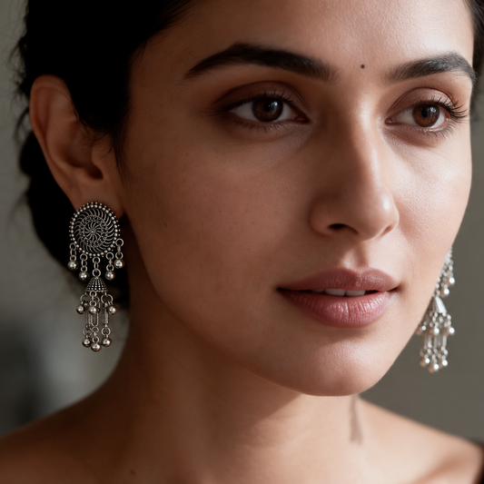 Oxidised Silver Spiral Tassel Earrings
