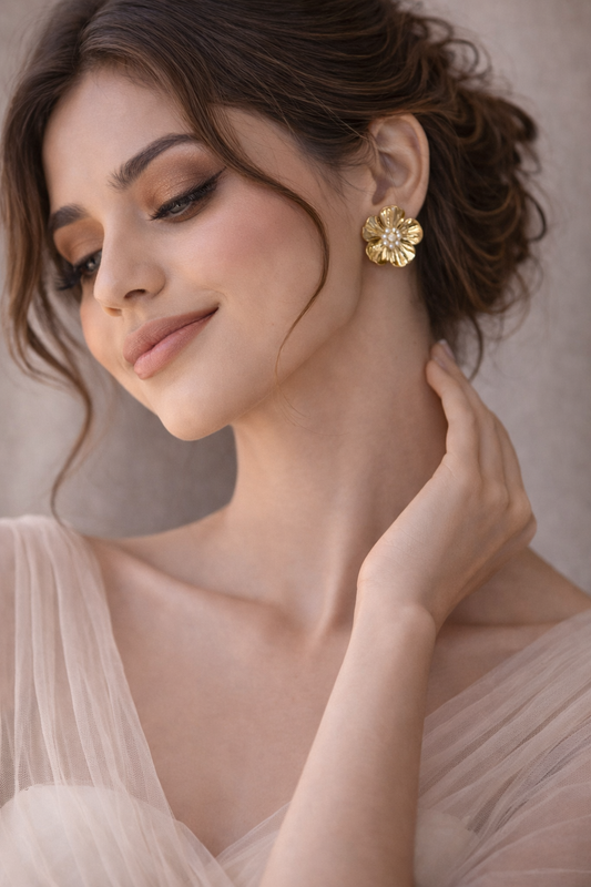 Textured Gilded Bloom Earrings – Stainless Steel Flower Studs for Women